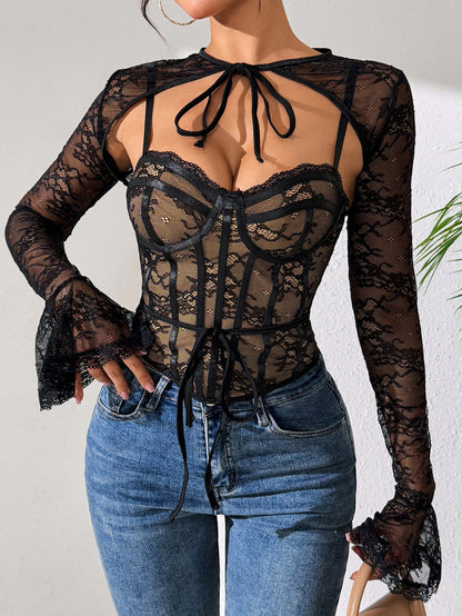 Sheer Lace Backless Long Sleeve Two-Piece Set