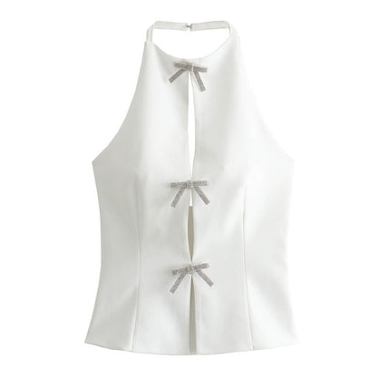 Solid Color Bow Front Backless Halter Top