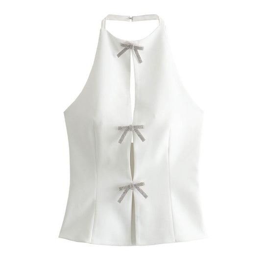 Solid Color Bow Front Backless Halter Top