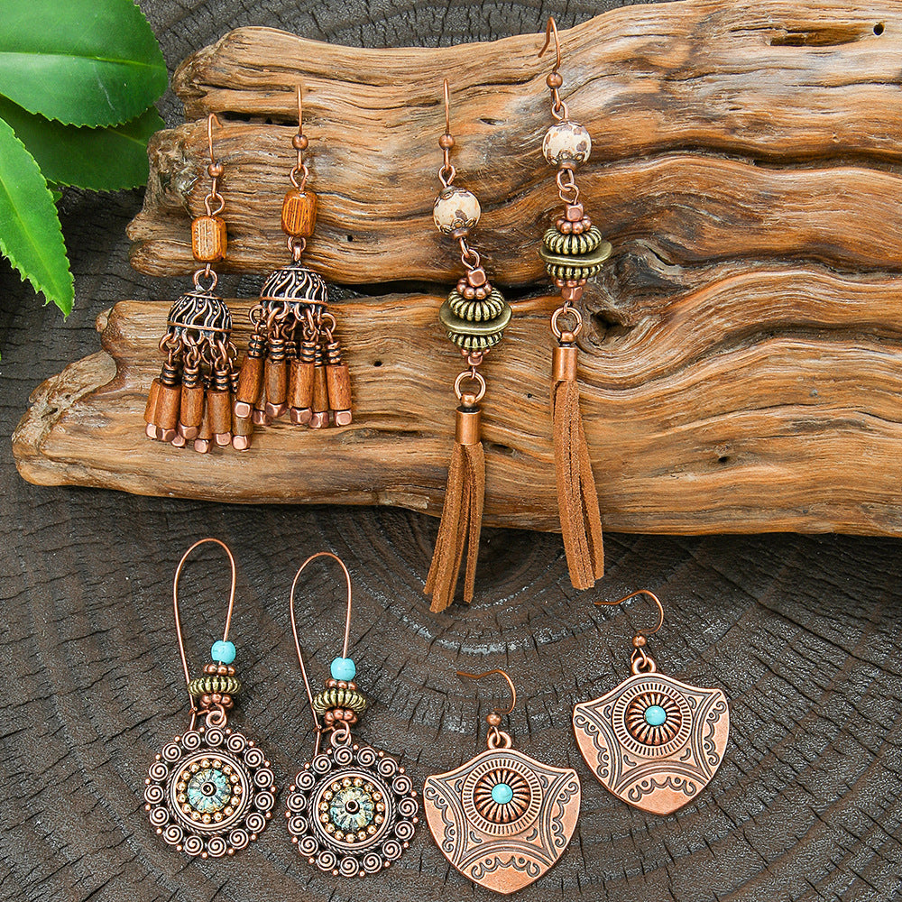 Geometric Alloy Earrings Stylish Bohemian Wood Dangle Earrings