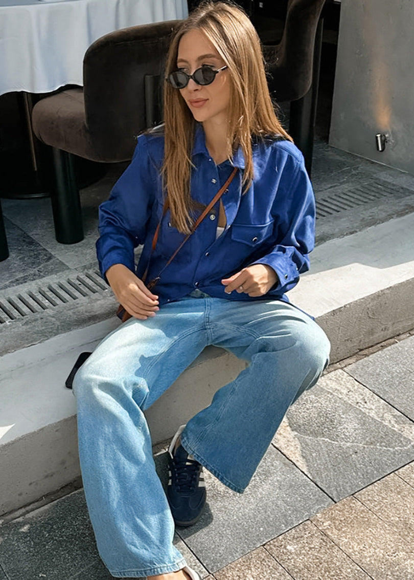Oversized Suede Button Up Shirt Navy