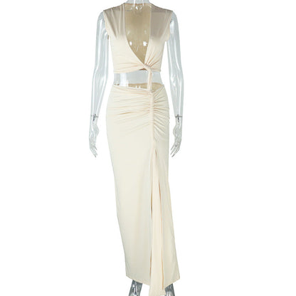 Milk Silk Asymmetrical Long Dress With V-Neck
