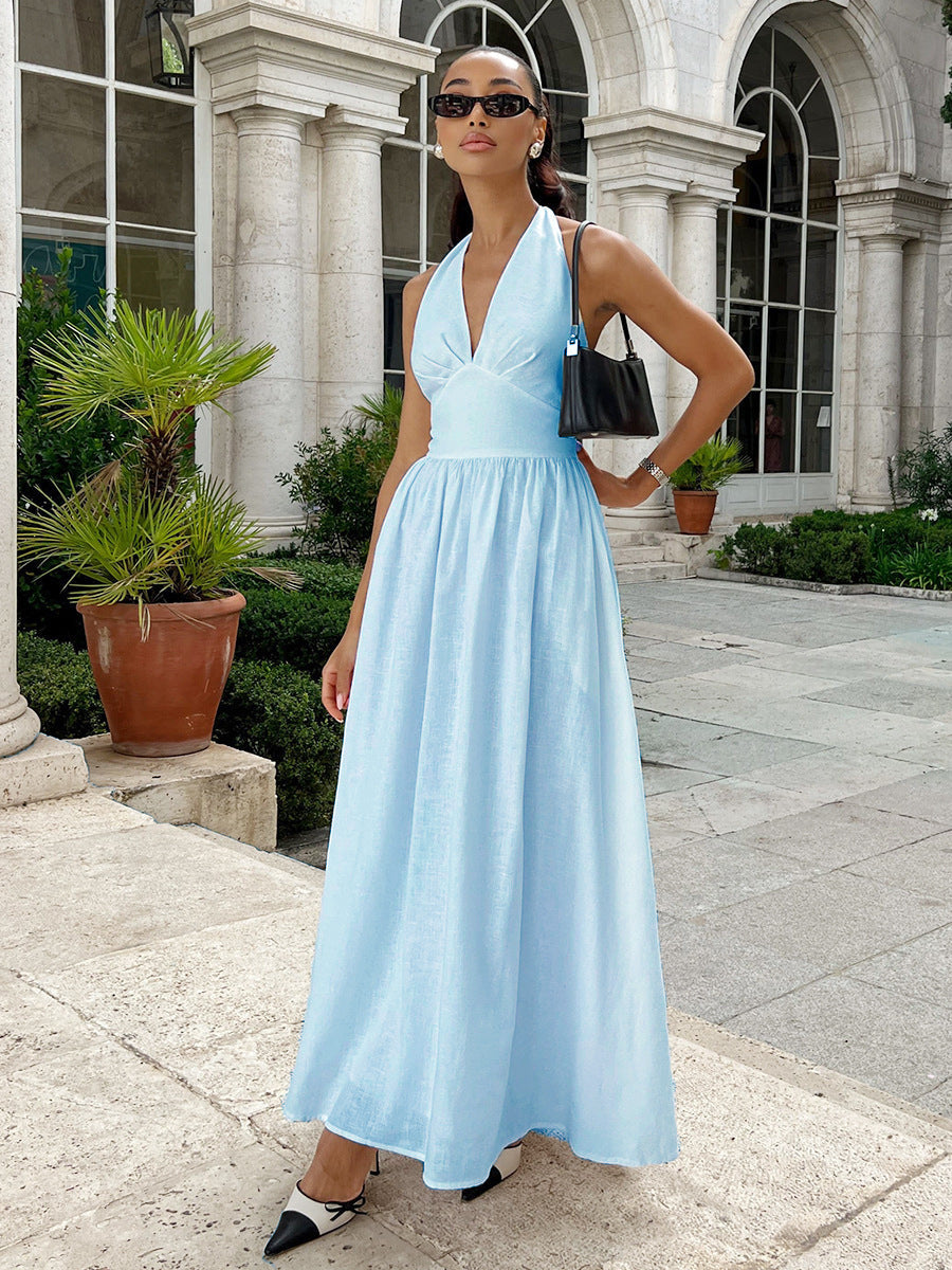 Cotton V-Neck Maxi Dress Casual Belted Style