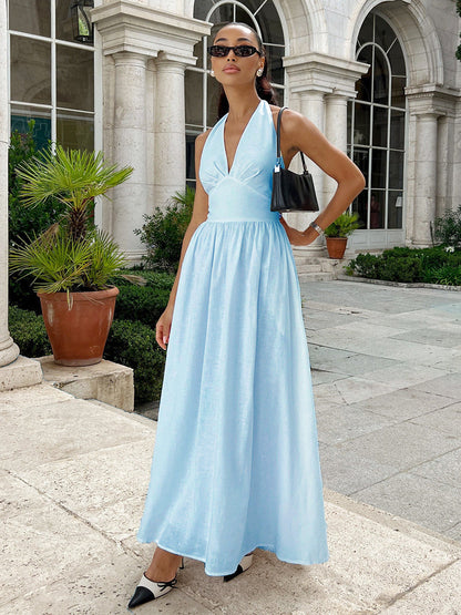 Cotton V-Neck Maxi Dress Casual Belted Style