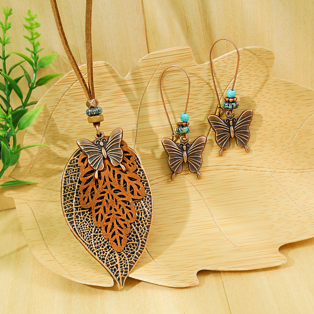 Bohemian Vintage Leaf Earrings With Dragonfly & Butterfly Zinc Alloy Sweater Necklace