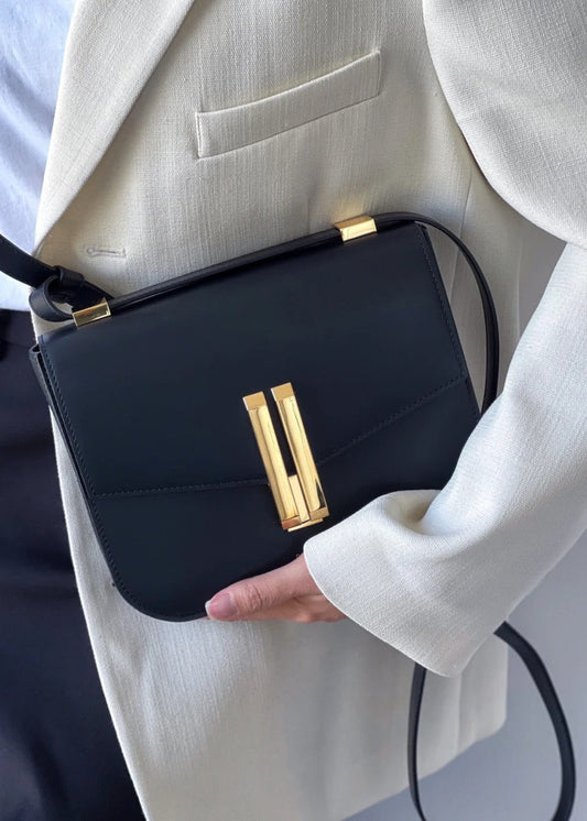 Structured Black Leather Shoulder Bag With Gold Clasp