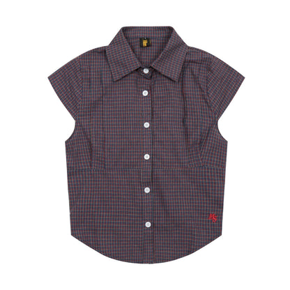Vintage Lapel Collar Plaid Short Sleeve Top