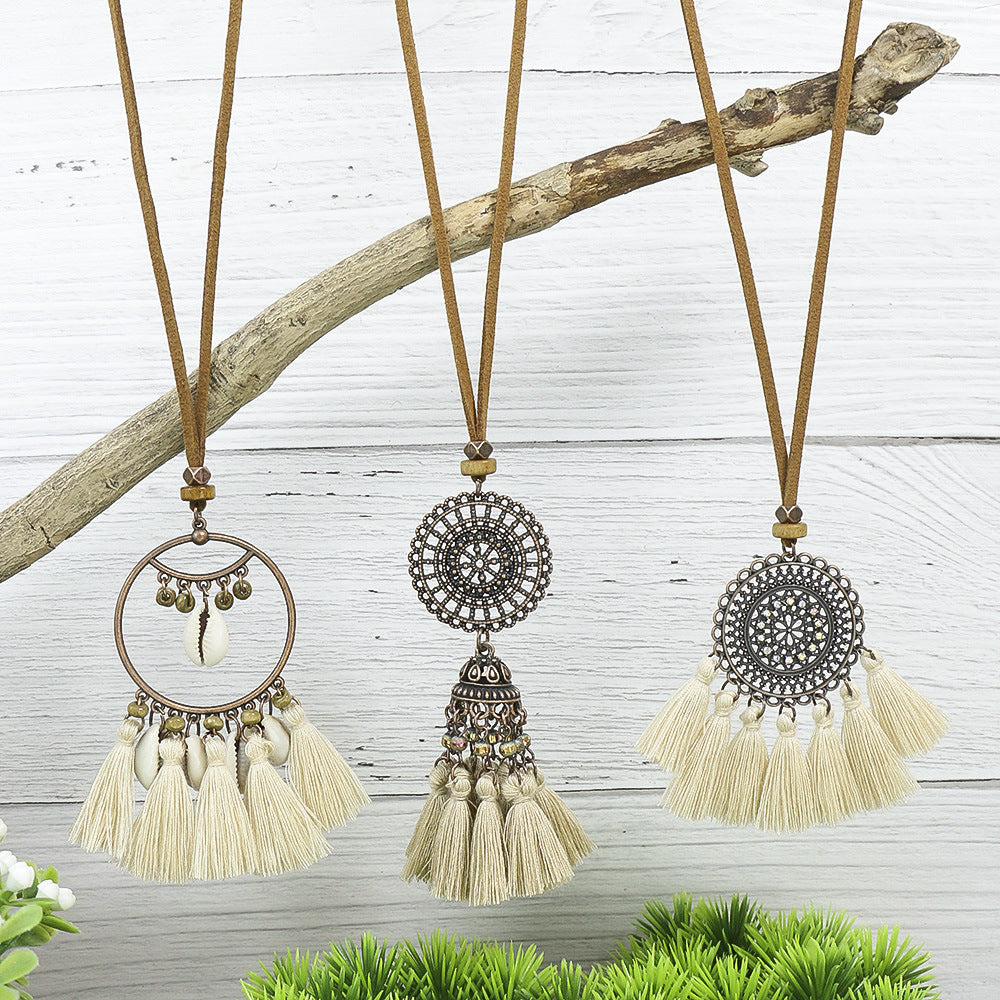 Bohemian Long Pendant Necklace with Tassels and Floral Design