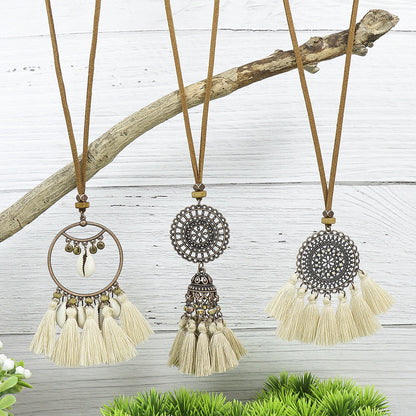 Bohemian Long Pendant Necklace with Tassels and Floral Design