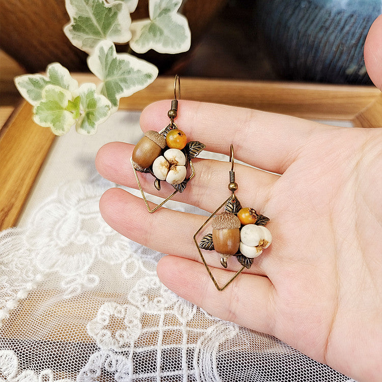 Geometric Botanical Wood Acorn Dangle Earrings