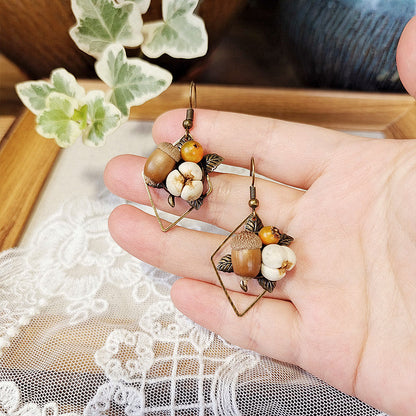 Geometric Botanical Wood Acorn Dangle Earrings