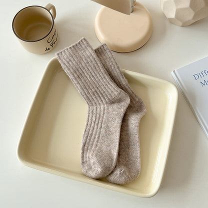 Solid Color Striped Thicken Plush Wool Crew Socks