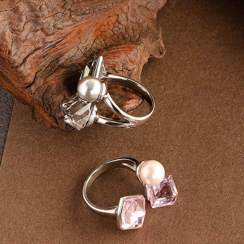 Fashionable Square Crystal Pearl Adjustable Ring For Couples