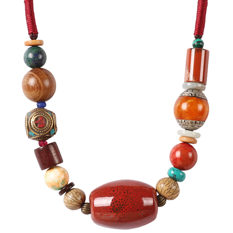 Ethnic Style Original Handmade Tibetan Jewelry Necklace Vintage Multi Treasure Ceramic Beads Versatile Short Collarbone Neck Chain