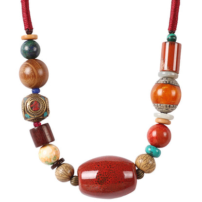 Ethnic Style Original Handmade Tibetan Jewelry Necklace Vintage Multi Treasure Ceramic Beads Versatile Short Collarbone Neck Chain