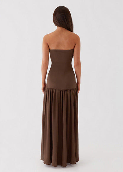 Strapless Mocha High Slit Maxi Dress