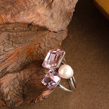 Fashionable Square Crystal Pearl Adjustable Ring For Couples