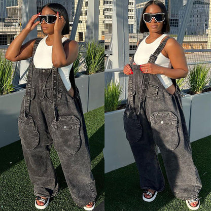 Trendy Casual Wide-Leg Denim Overalls With Pockets