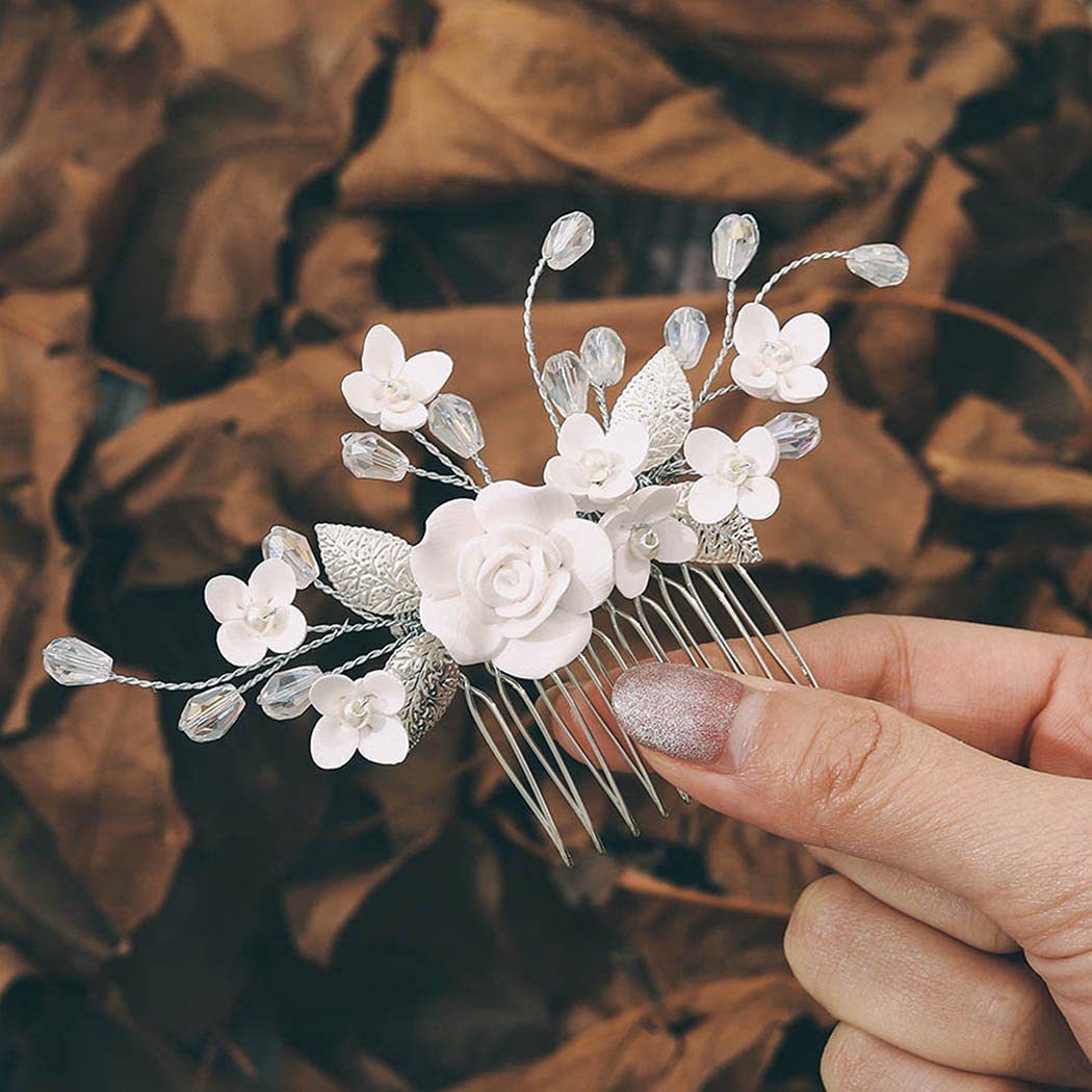 Bridal Hair Accessory White Polymer Clay Flower Side Comb