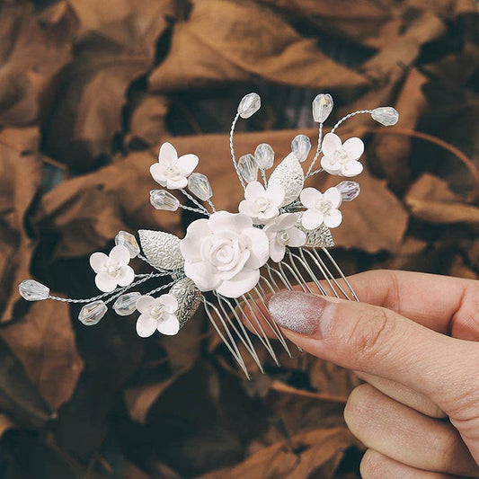 Bridal Hair Accessory White Polymer Clay Flower Side Comb