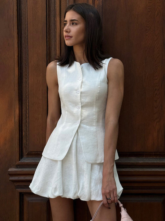 Chic Vest and Skirt Set Elegant Casual Cotton Outfit