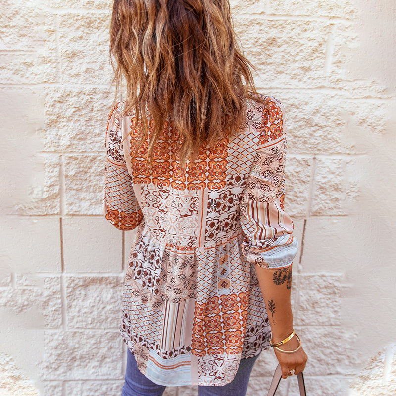 The New Fall Bohemian V-Neck Pullover T-Shirt With Long Sleeves