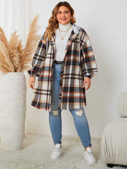 Plaid Hooded Long Coat For Plus Size Women