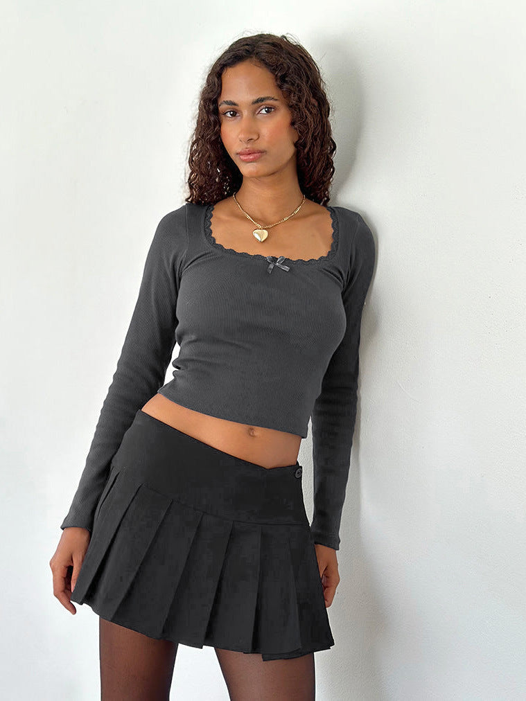 Women’s Long Sleeve Lace Trim U-Neck T-Shirt