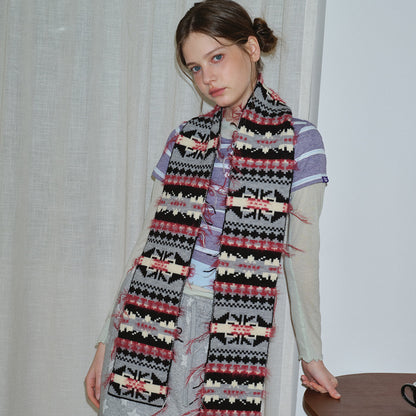 Retro Color Block Knit Scarf for Women