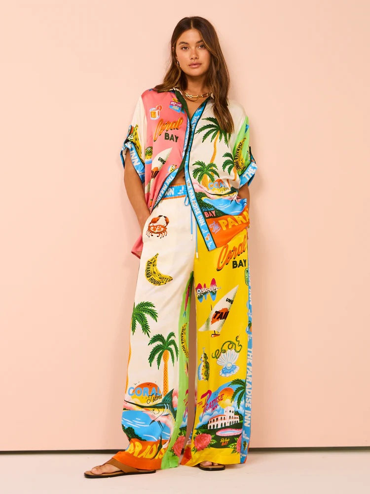 Stylish Floral Print Color Block Short Sleeve Set