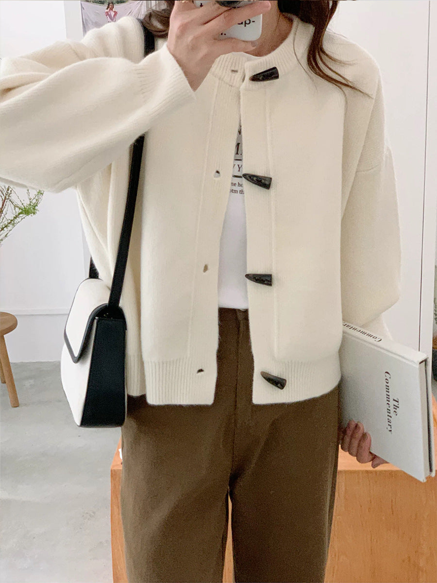Retro Solid Color Toggle Button Knit Cardigan