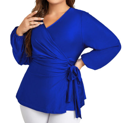 Trendy V-Neck Tie Long Sleeve Plus Size Women'S Blouse