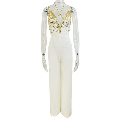 Beaded Sequin V Neck Jumpsuit