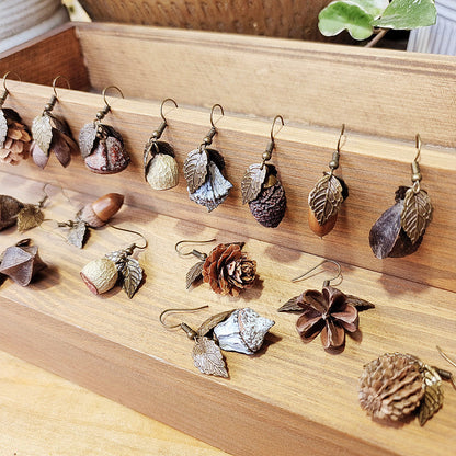 Creative Long Leaf Wood Earrings with Natural Dried Fruits