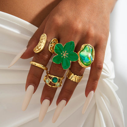 Flower-Decorated Pearl Ring Set Retro Baroque Geometric Rings