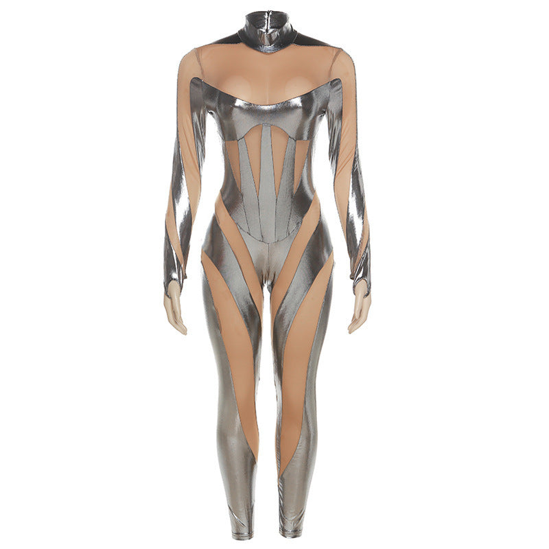 High-Waisted Sheer Mesh Sport Jumpsuit With Zipper
