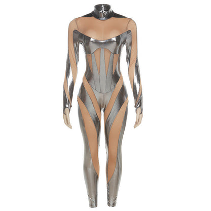 High-Waisted Sheer Mesh Sport Jumpsuit With Zipper