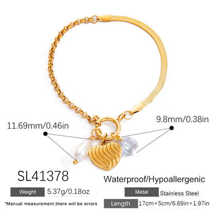 Stainless Steel Pearl Heart Pendant Bracelet Handcrafted DIY 18K Gold Plated Fashion Jewelry
