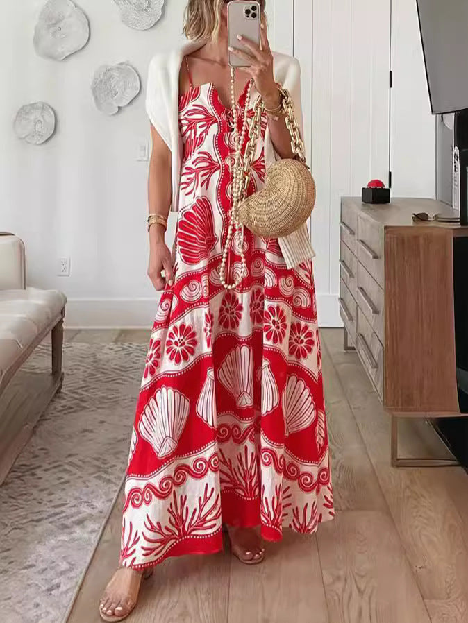 Elegant Floral Print Polyester Maxi Dress with V-Neck