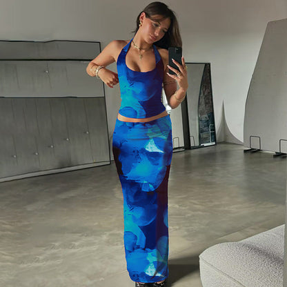 Fashion Floral Print Sexy U-Neck Slim Fit Tank Dress Set