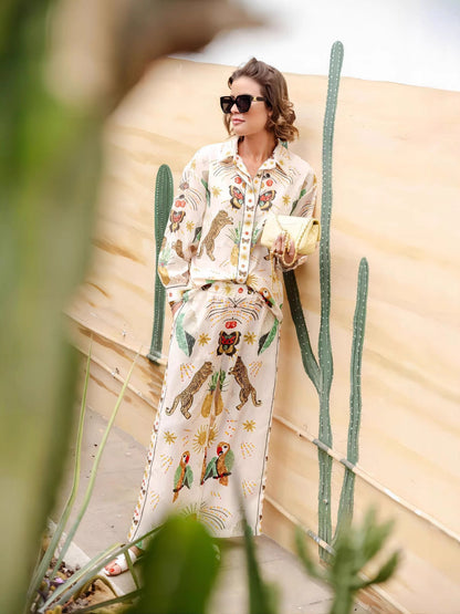 Fashionable Flair Printed Linen Long Sleeve Shirt Set