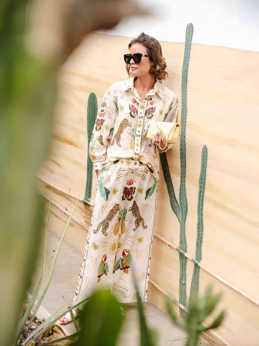 Fashionable Flair Printed Linen Long Sleeve Shirt Set