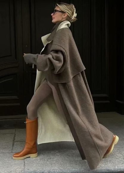 Long Woolen Coat Brown Classic Lapel Design