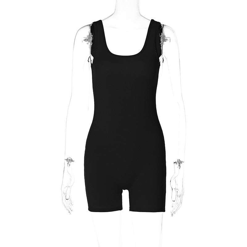 Fashionable Solid Color U-Neck Slim-Fit Jumpsuit