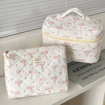 Sweet Bowknot Makeup Bag Quilted Portable Beauty Organizer