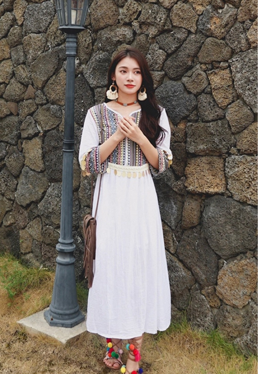Ethnic Style New Spring And Summer Splicing Patch Cotton Linen Tassel Dress