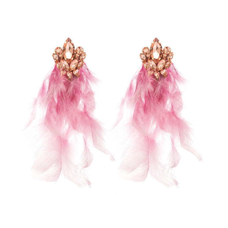 Bohemian Floral Alloy Rhinestone Long Feather Tassel Earrings