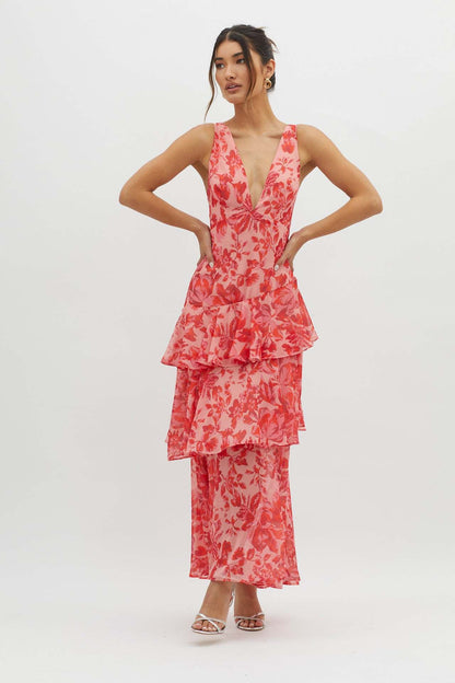 V-Neck Print Backless Flounce Sexy Dress