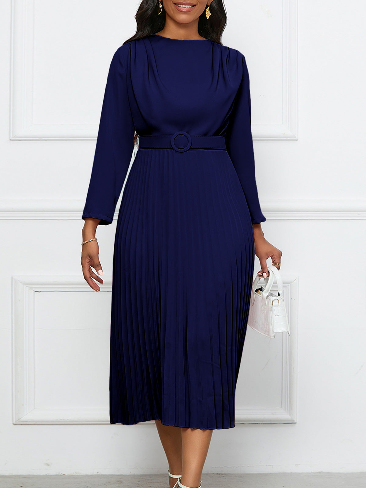 Elegant A-Line Midi Dress With Belt - Office Casualwear