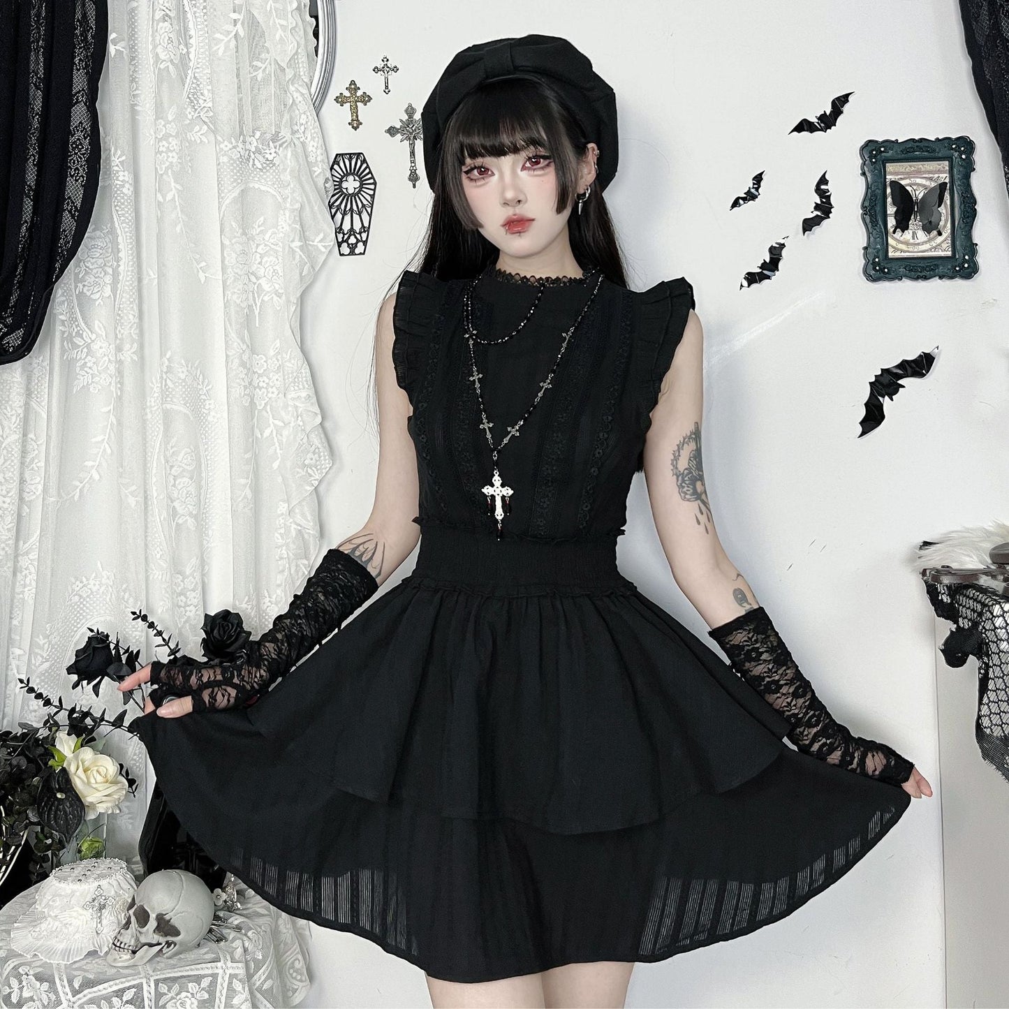 Gothic Style Black Cotton Sleeveless Maxi Dress